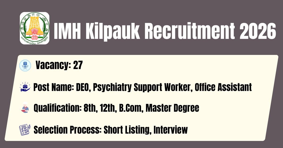 IMH Kilpauk Recruitment Notification for DEO, Office Assistant Posts 2026